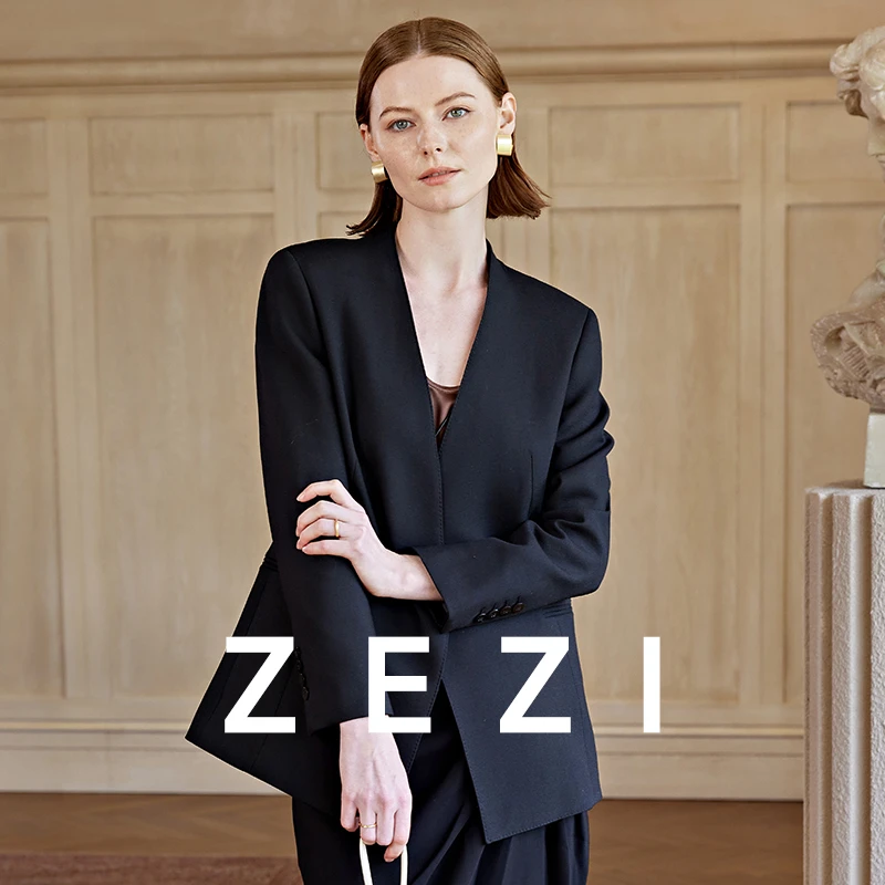 ZEZI精纺羊毛极简无领暗扣宽松通勤轻奢西装V领1粒扣高级感女西服
