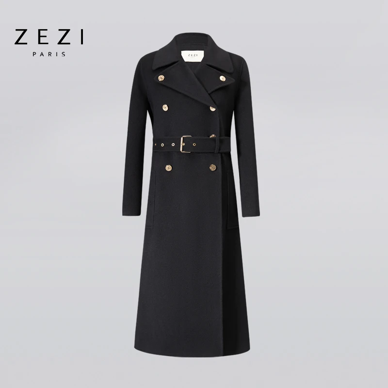 ZEZI羊绒双面呢大衣黑色经典羊毛新款外套气质通勤女装初秋新穿搭