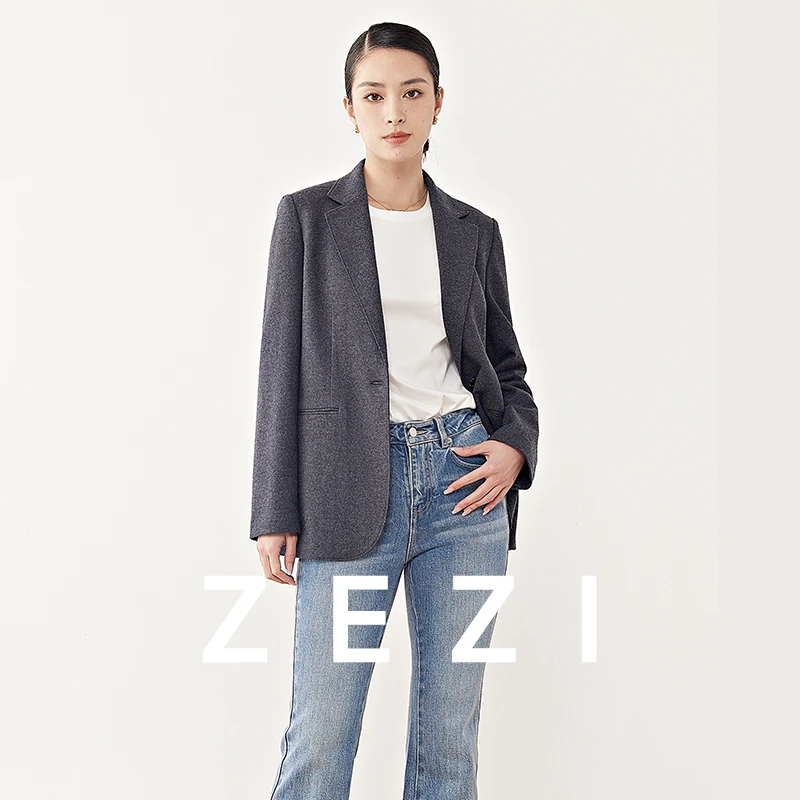 ZEZI秋冬修身新款JI细羊毛简约商务休闲时尚毛呢通勤百搭女士西装