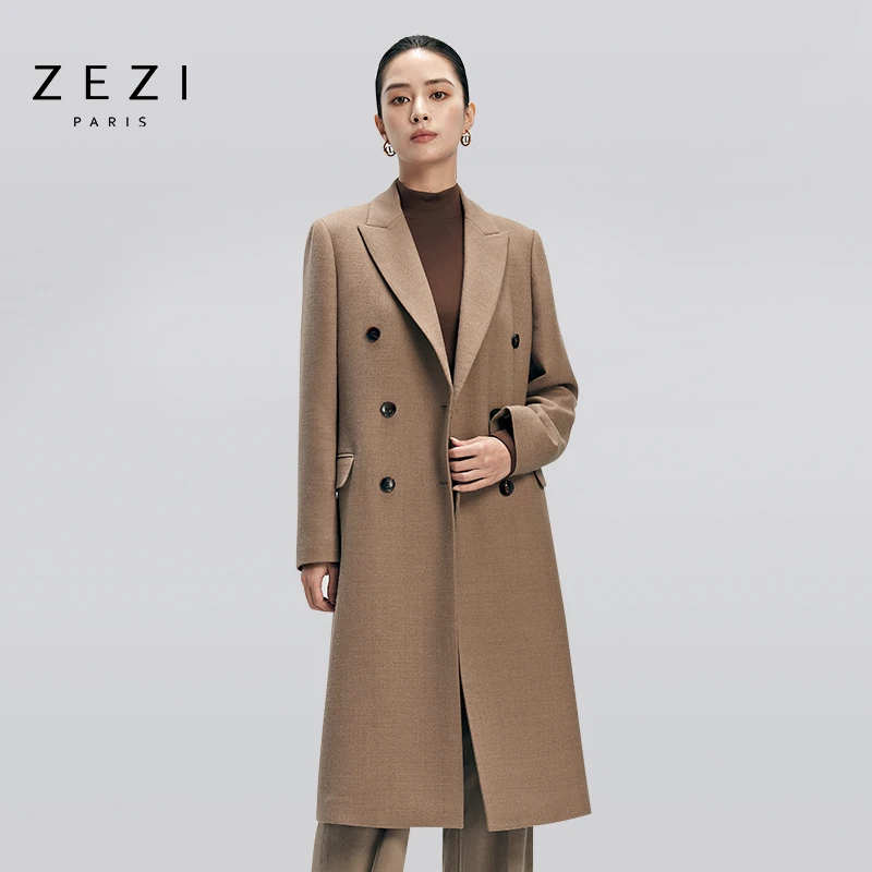 ZEZI秋冬新款中长款羊毛呢大衣女款外套小个子高贵上档次气质修身