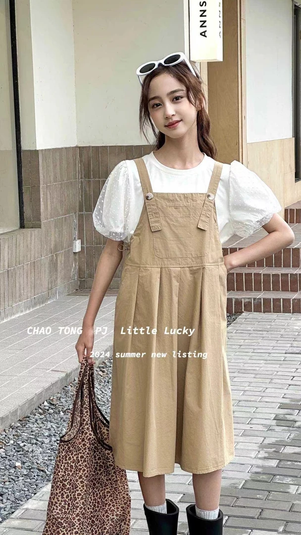 2025新款8255泡泡袖卡其色背带裙套装