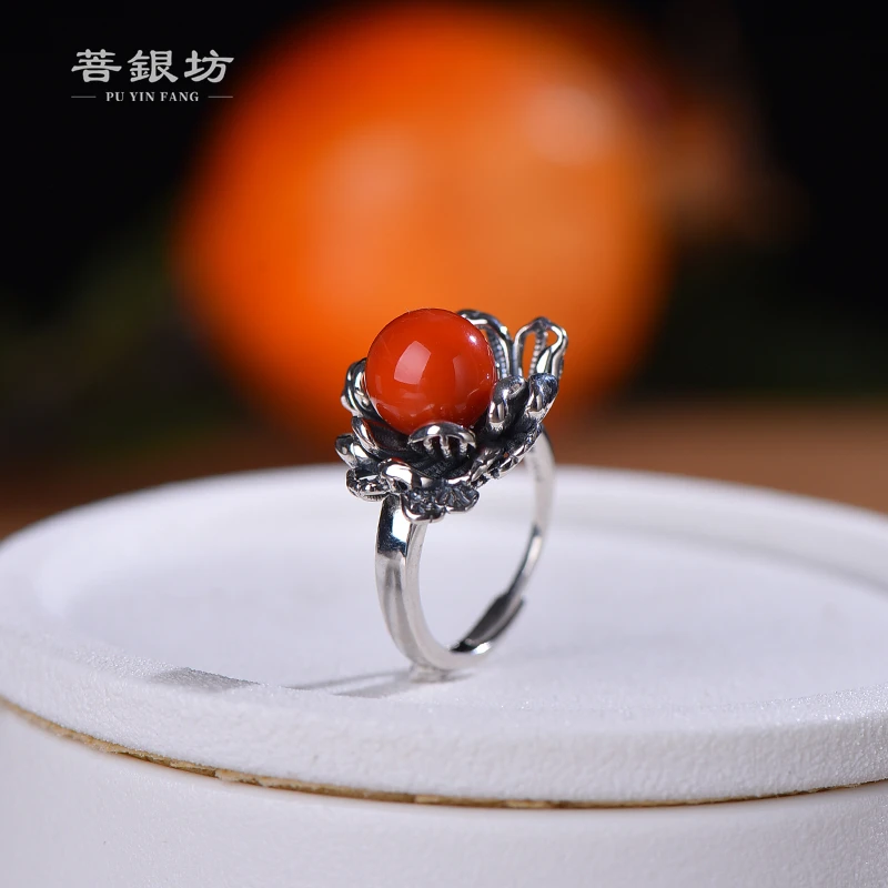 【菩银坊】南红925银 花丝镶嵌红珠牡丹戒指