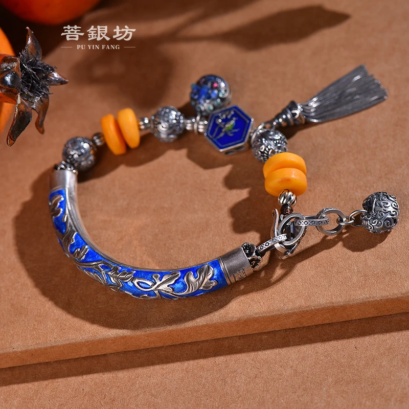 足银手链 【菩银坊】烧蓝莲花弯管手链 老银工艺 原创手链 时尚