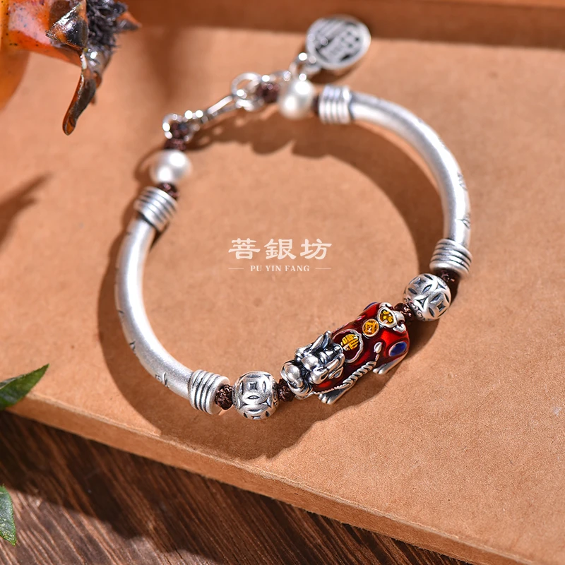 足银珐琅手链 【菩银坊】貔貅弯管手链时尚编织民族风 霸气