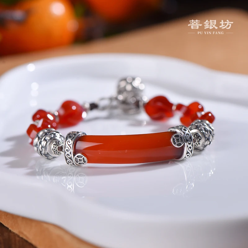 925银珐琅手链 【菩银坊】925银并蒂莲红色同心结手链