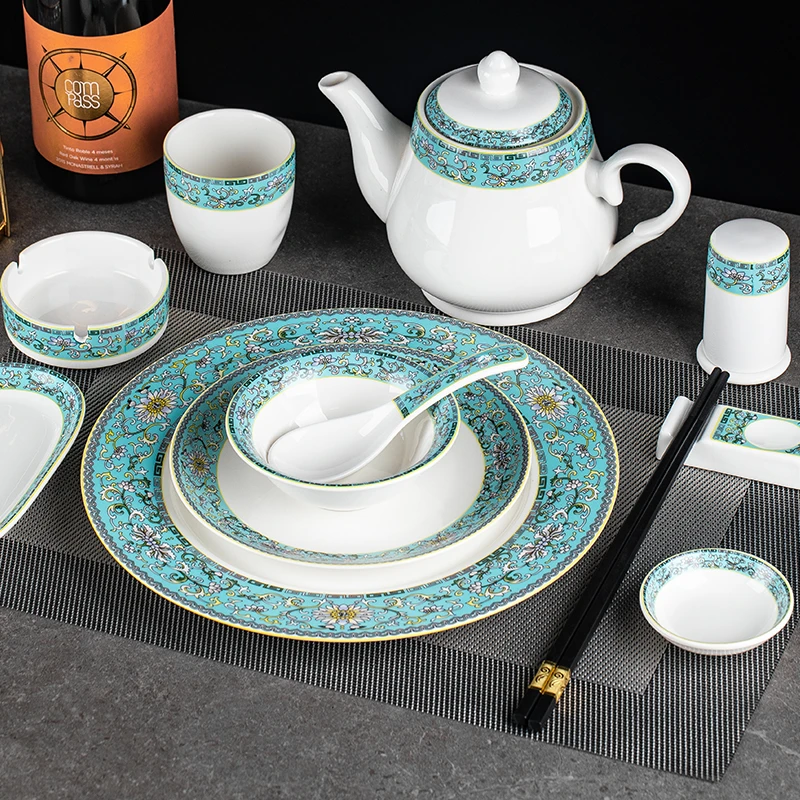 高档酒店中式摆台碗碟餐具三件套饭店四件套盘子珐琅彩陶瓷盘杯勺