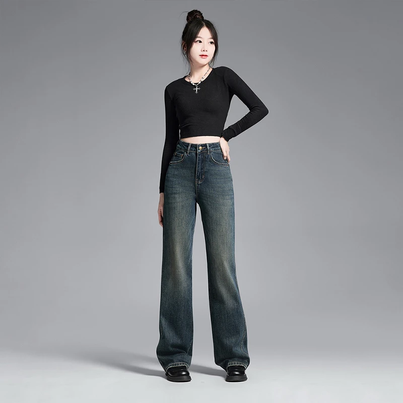 五金女孩牛仔裤女春秋冬新款加绒窄版阔腿裤时尚高腰宽松百搭8001