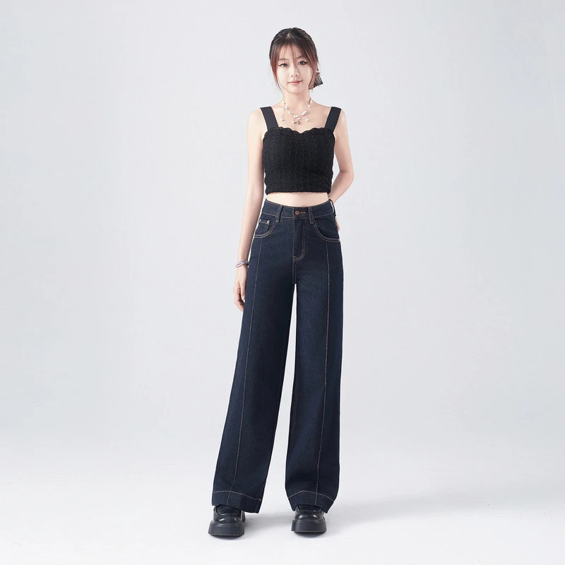 FXFULAOBAN/福兴福老板|蓝金|窄版阔脚裤女牛仔裤直筒裤子女孩