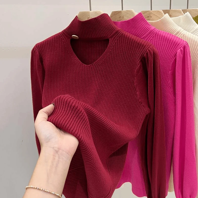 气质宽松半高领针织上衣女秋冬镂空氛围感打底时尚百搭显瘦毛衣潮