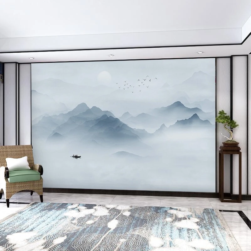 现代新中式电视背景墙水墨意境山水壁画沙发客厅墙纸无缝8d墙布画