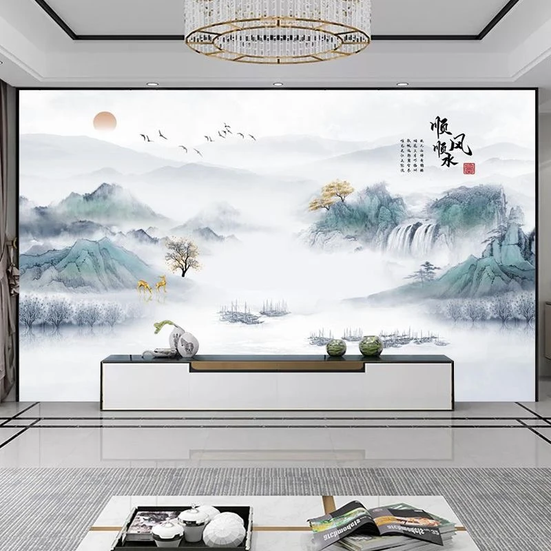 2023年电视背景墙新款8D壁画墙纸中式山水画寓意好5D壁纸客厅卧室