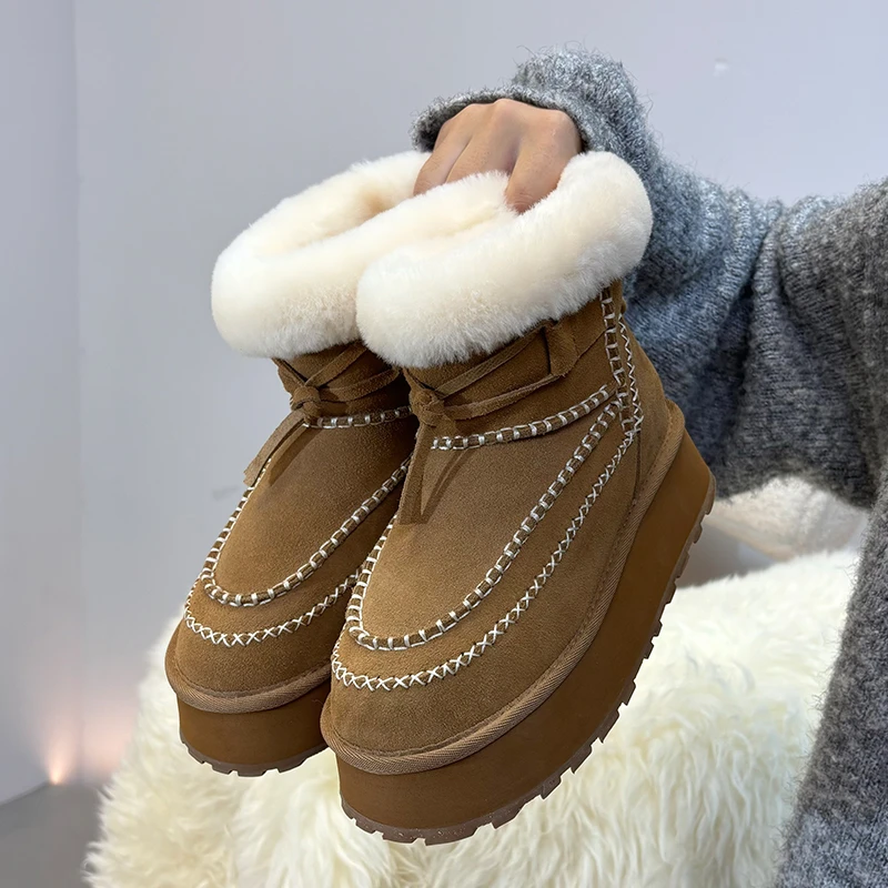 【中筒阿尔派】秋冬鞋子女款2024百搭一脚蹬皮毛一体短筒雪地靴子