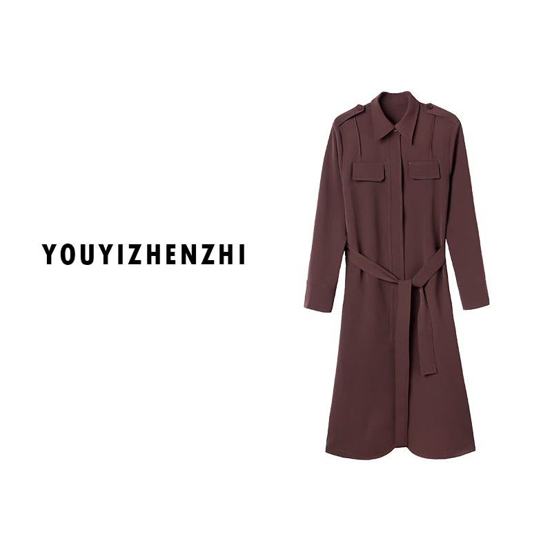 2023秋冬春装新款气质中长款连衣裙女春百搭简约口袋长袖衬衫裙