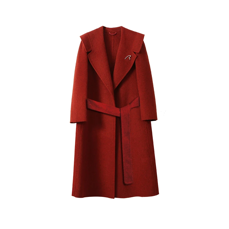 2024秋冬新款双面羊毛大衣女纯色翻领系带修身轻奢高级感毛呢大衣