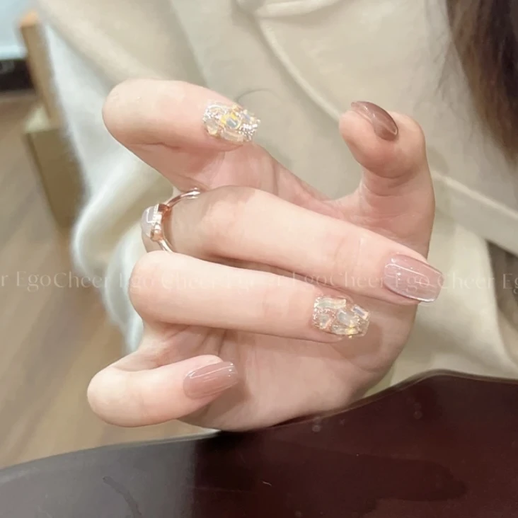 【茉莉花茶】十七极光茶色猫眼手工穿戴甲 显白光疗新品短款美甲