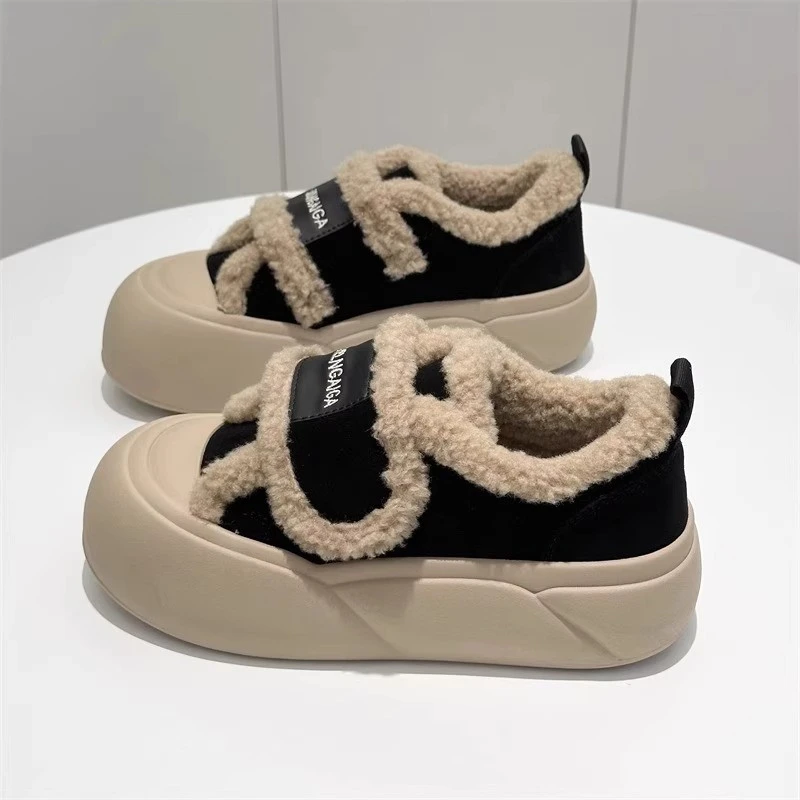 松糕底魔术贴棉鞋女冬加绒加厚2025冬季新款一脚蹬乐福鞋面包鞋潮