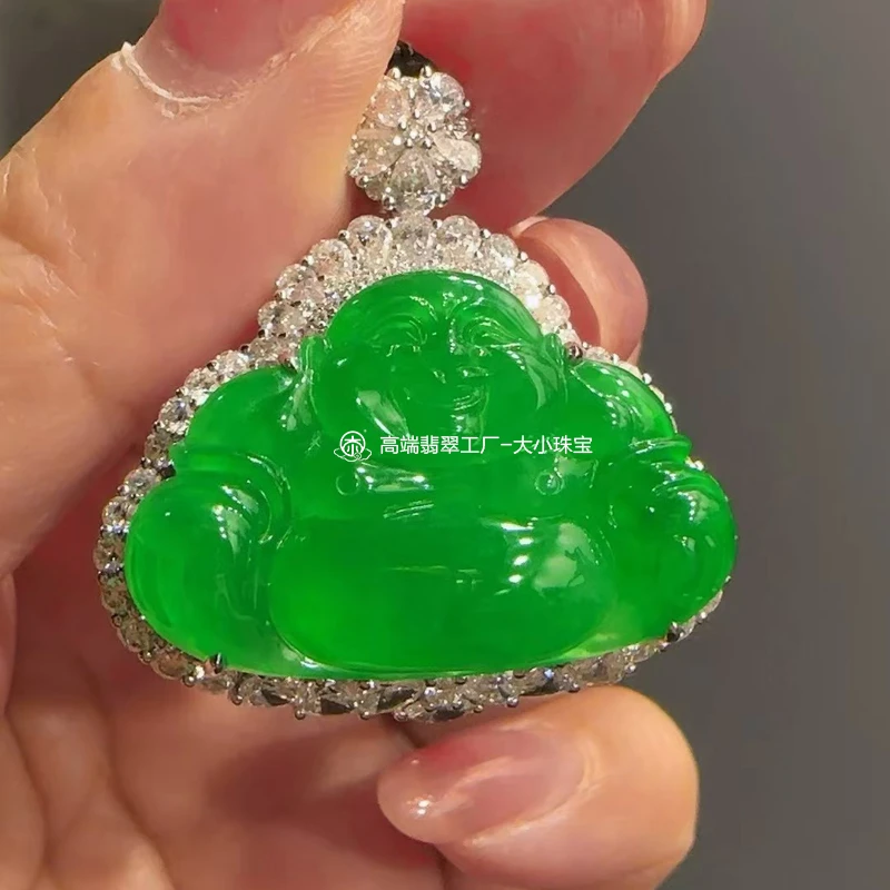 大小珠宝冰种阳绿翠色天然翡翠佛公吊坠缅甸冰甜绿色翡翠笑佛吊坠