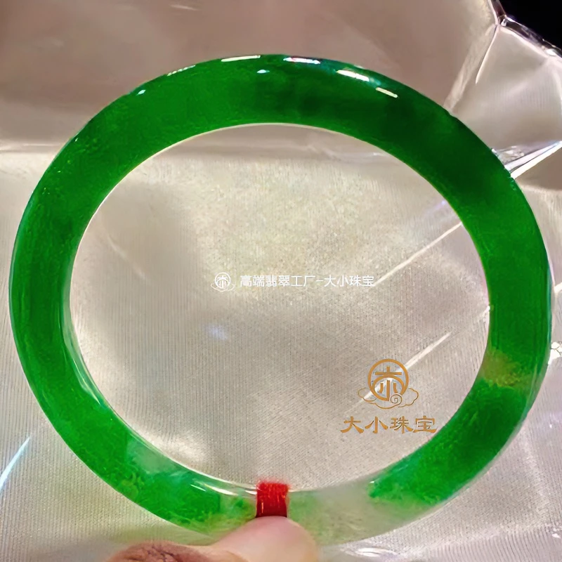 大小珠宝冰糯种辣绿天然翡翠手镯圆条55送礼满绿辣阳绿翡翠玉镯