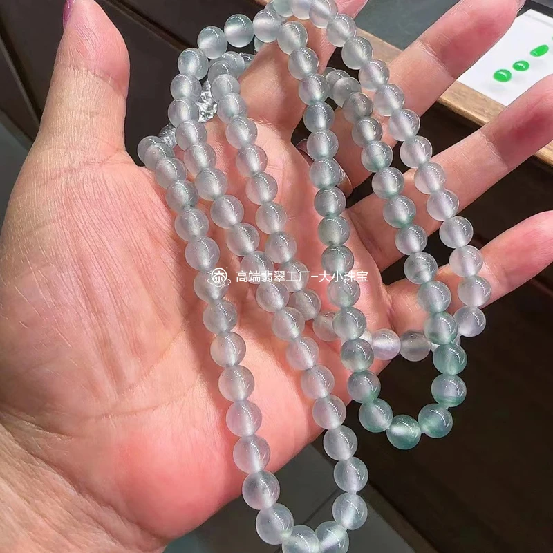 大小珠宝冰种冰白飘绿花天然翡翠珠子珠串老坑种冰透起光感珠链串