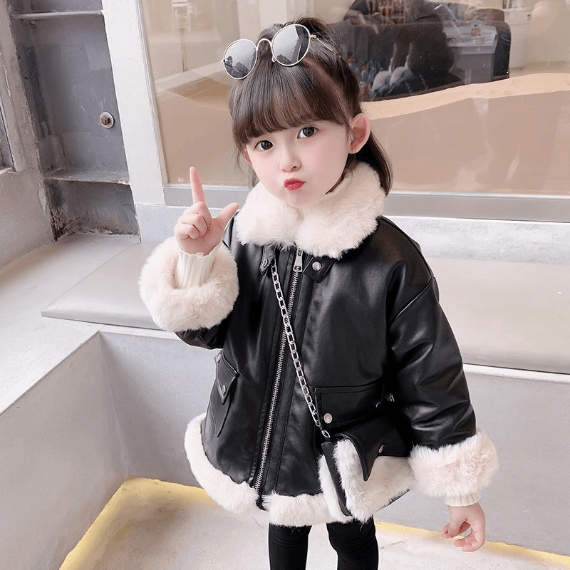 尚品女童加绒皮衣冬装新款网红上衣儿童保暖外套洋气宝宝加厚大衣