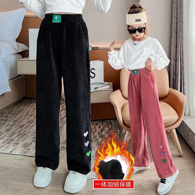 尚品女童裤子直筒裤秋冬加绒长裤宽松灯芯绒裤子时髦中大童阔腿裤