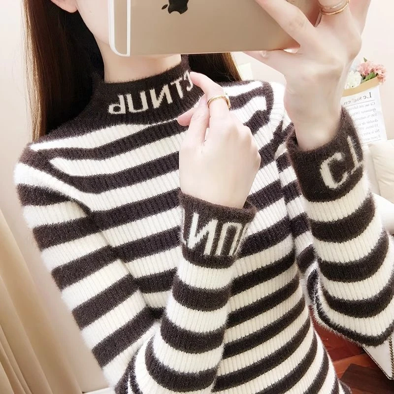 仿水貂绒打底衫女新款秋冬韩版修身半高领条纹针织毛衣时尚百搭P