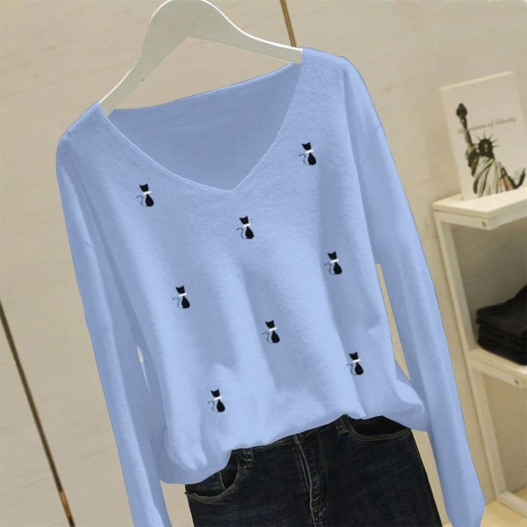 优质包芯纱刺绣V领长袖针织衫女春秋新款宽松百搭毛衣大码打底衫P