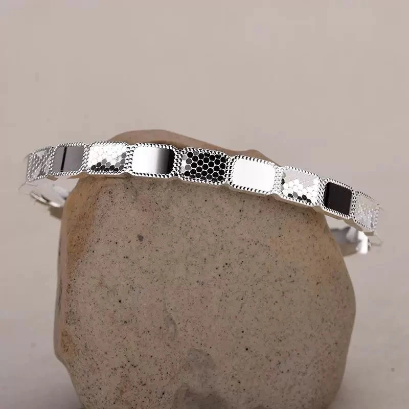 足银手镯 足银999.9碎冰冰蜂巢亮面方块新中式国风开口手镯