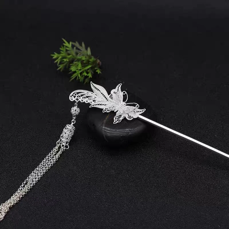 足银银制品 足银纯银蝶恋花发簪古风步摇蝴蝶簪子