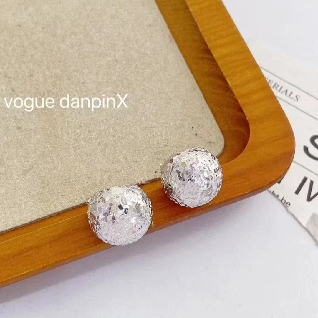 925银耳饰 S925纯银素银双面碎冰冰球耳环简约冷淡风