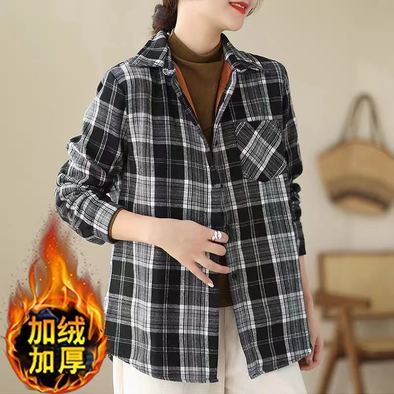 A07格子衬衫外套女秋冬时尚韩版长袖宽松港味复古气质磨毛衬衣冬