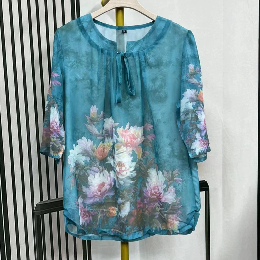 1392夏季中年妈妈装洋气时尚薄款上衣服气质小衫印花复古B1-3-3