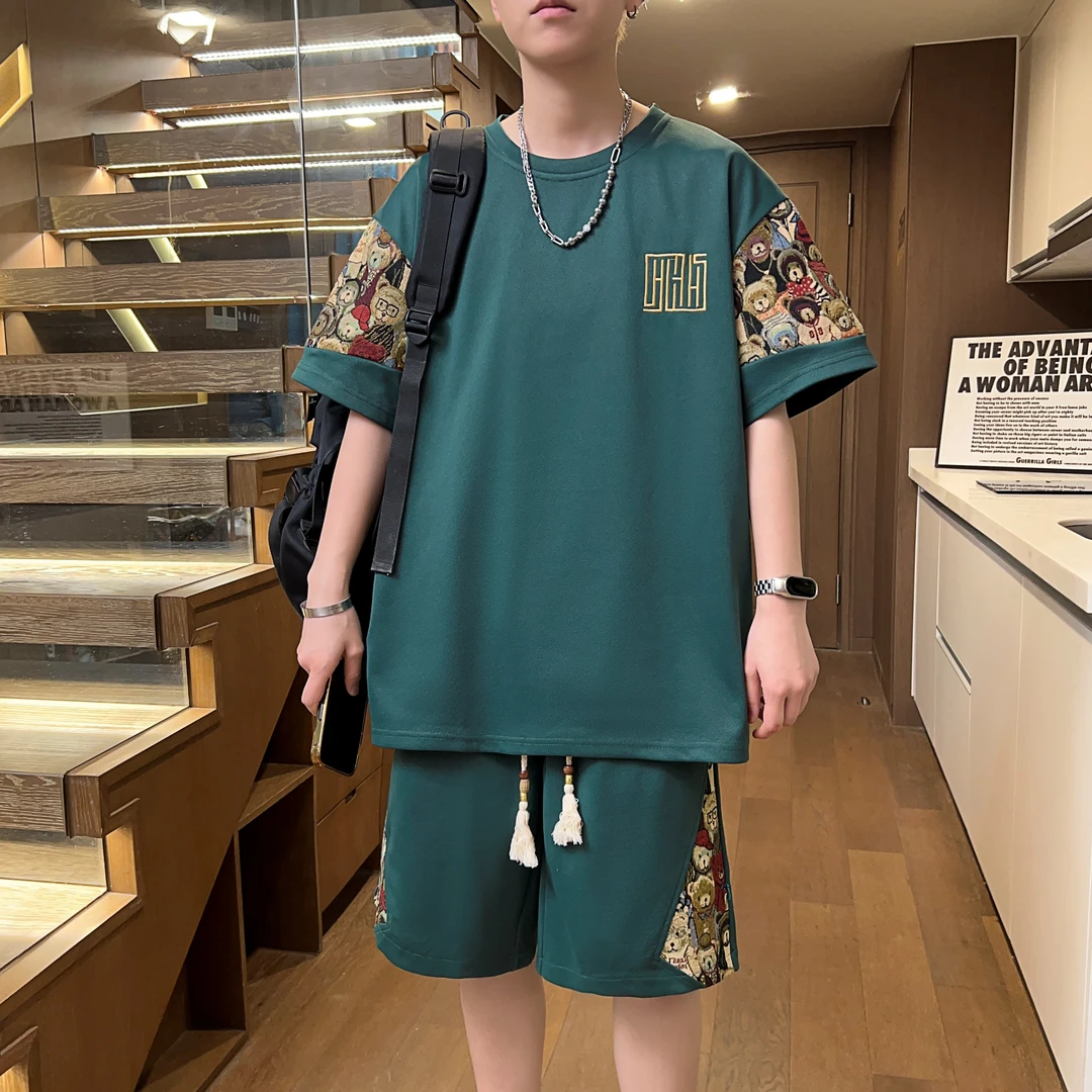 中国风男士夏季运动套装爆款男装2025新款刺绣宽松短袖短裤两件套