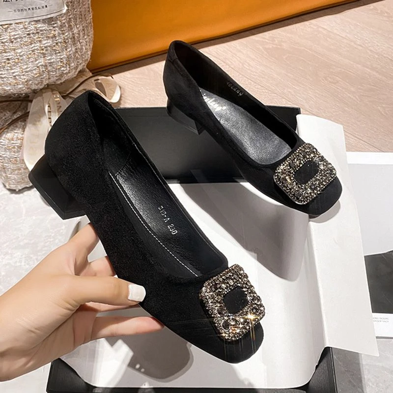 水钻方扣方头单鞋2024春季新款绒面百搭高跟低跟加绒粗跟软底女鞋