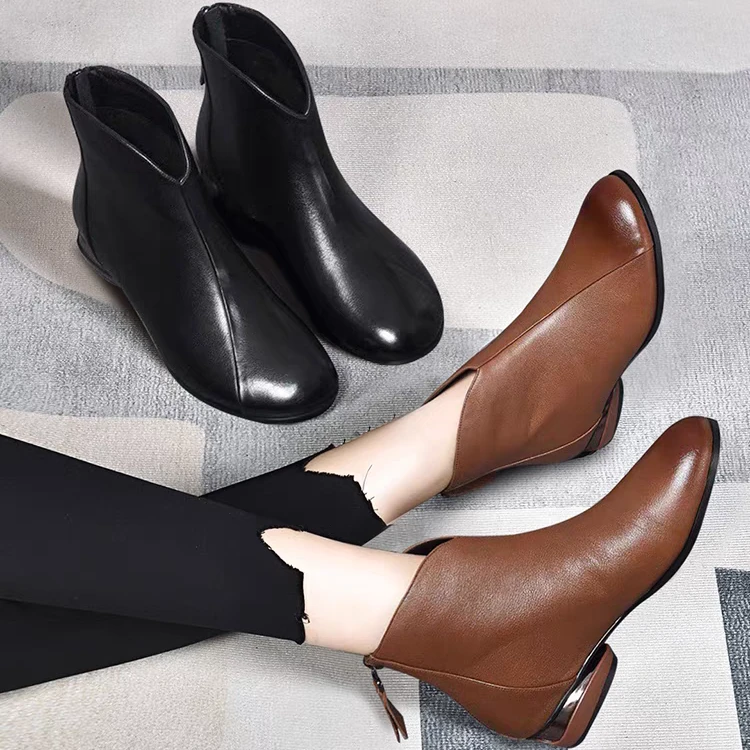 2024新款真皮小短靴女圆头软皮裸靴春秋单靴低跟秋冬加绒平底靴子