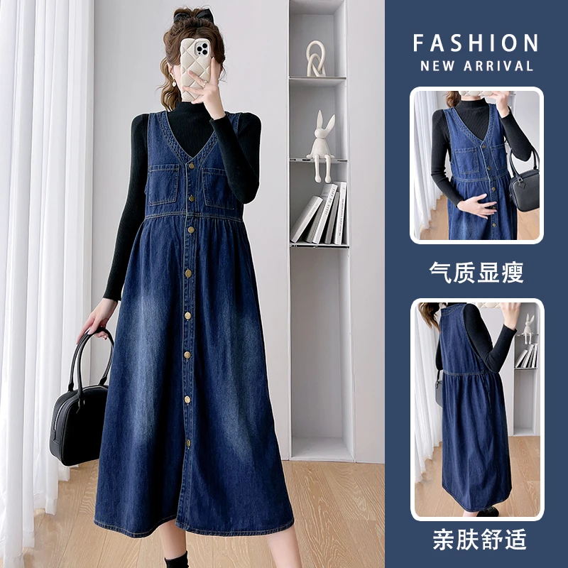 孕妇套装秋冬季时尚款包芯纱打底毛衣搭复古牛仔背心裙两件套8152