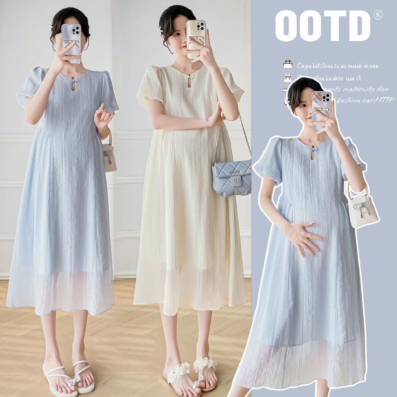 夏装孕妇装国风盘扣新中式短袖裙子孕期外穿女夏季孕妇宽松连衣裙