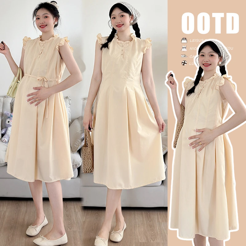 夏季新款黄色小飞袖法式花型大摆温柔风孕妇连衣裙