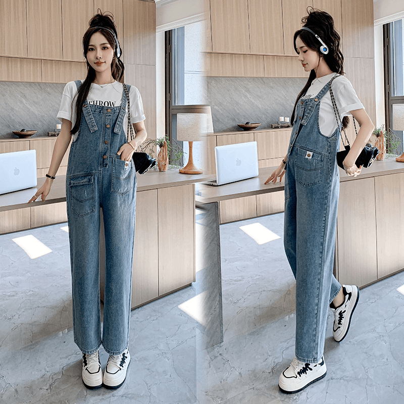 2024新款孕妇牛仔背带裤韩版无弹时尚百搭休闲裤大码气质加肥加大