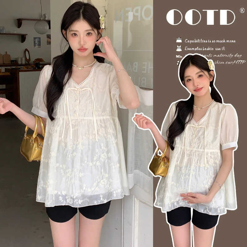 夏季孕妇装时尚甜美新中式孕妇套装宽松绣花蕾丝衫+托腹裤两件套