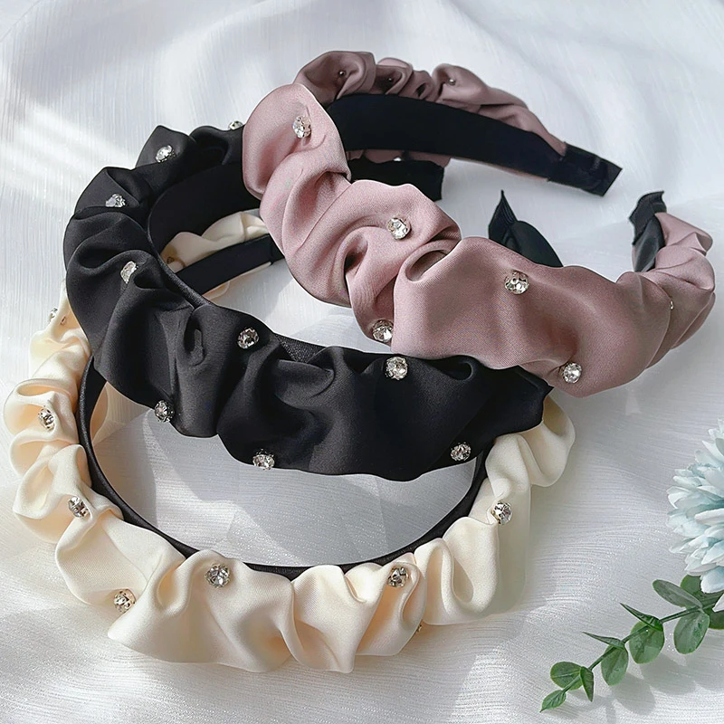 百搭高级感绸缎皱褶发箍女2024新款水钻宽边增高颅气质网红时尚