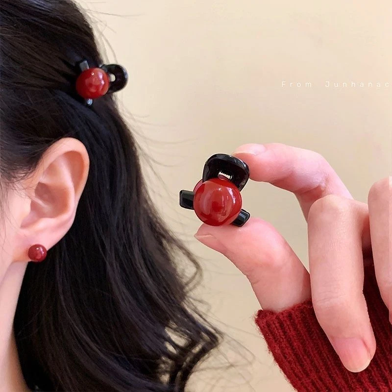 正红色珍珠发夹抓夹红豆侧边夹迷你小号发抓高级感刘海夹发饰女