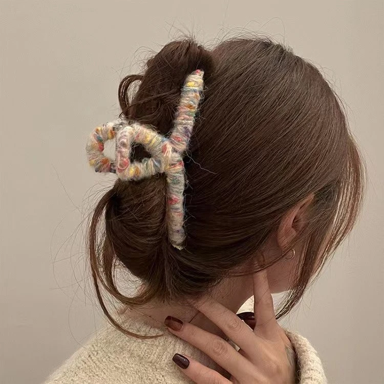 韩国秋冬纯大号法式彩色毛线缠绕抓夹vintage发抓女鲨鱼夹毛绒绒