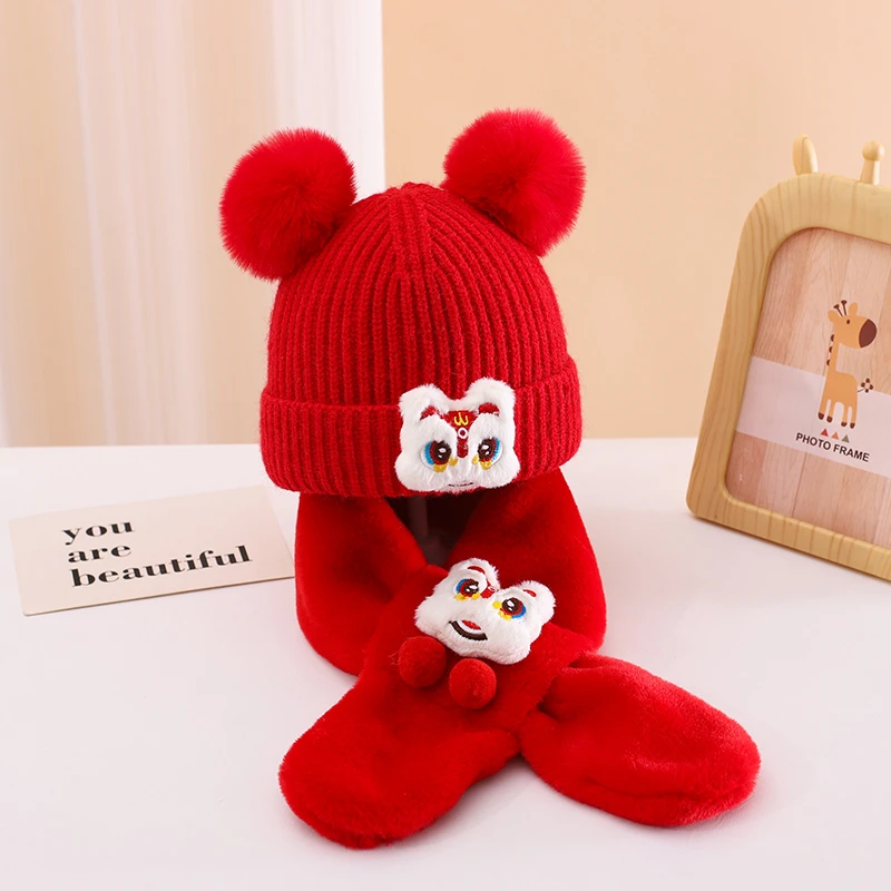 宝宝保暖围巾帽子套装新年红色喜庆毛线帽婴幼儿醒狮针织帽秋冬季