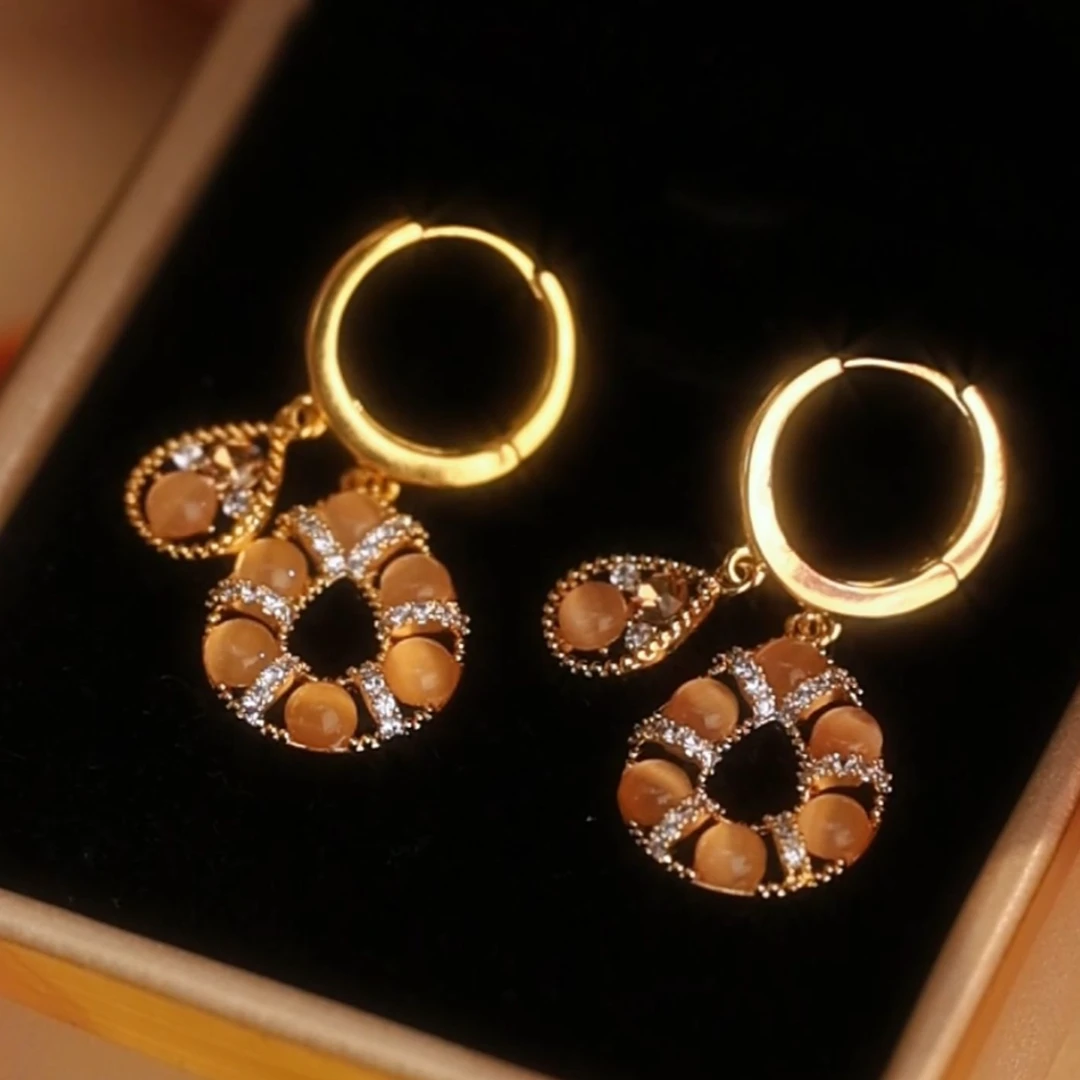 925银针耳饰 【双星闪耀】金色耳圈时尚百搭复古镶钻-697