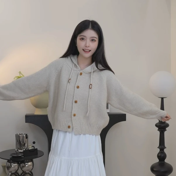 ENHUI连帽毛衣开衫慵懒风针织衫外套M243007