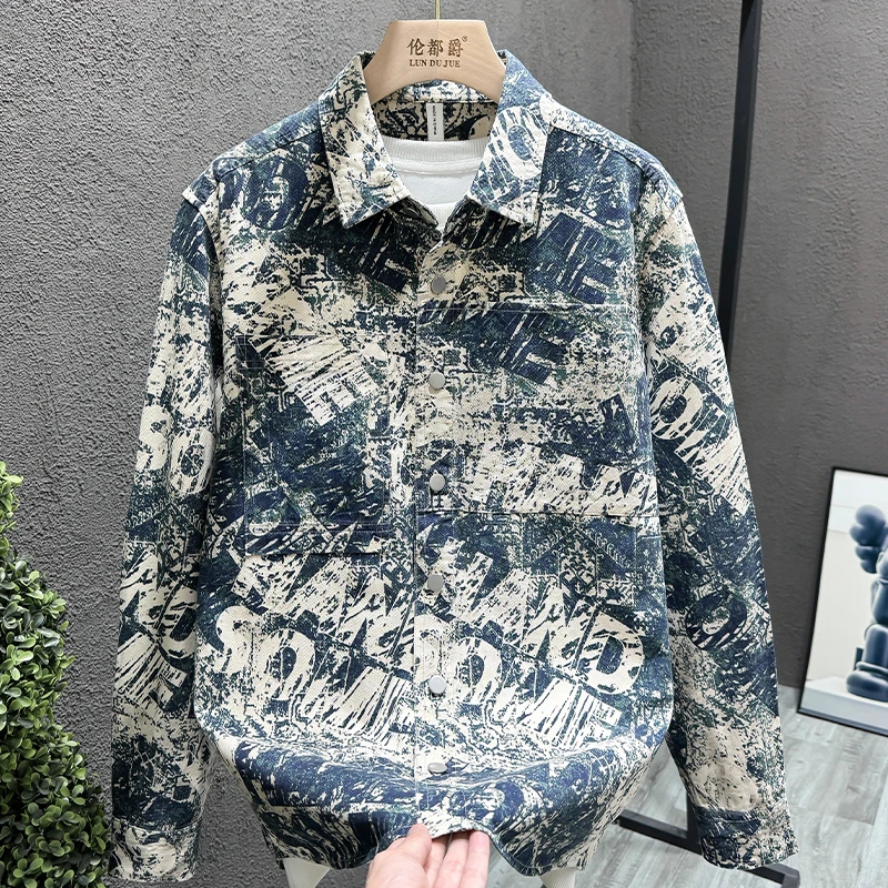 高级设计感复古抽象涂鸦纯棉重磅衬衫外套男士宽松痞帅长袖衬衣男