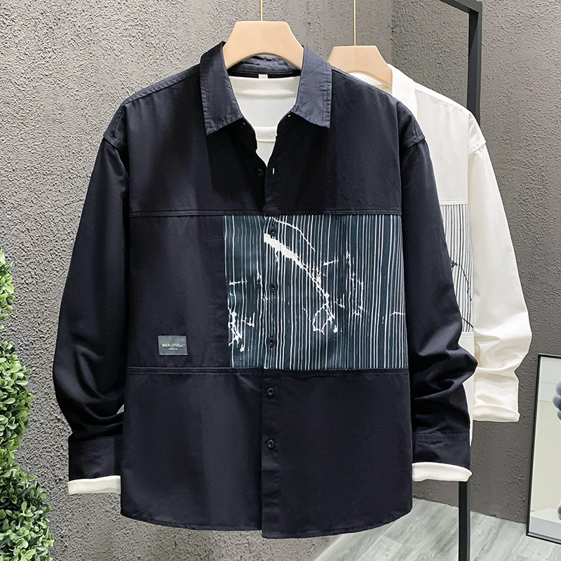 高级感痞帅条纹撞色拼接长袖衬衫男士新款时尚休闲显瘦打底衬衣潮