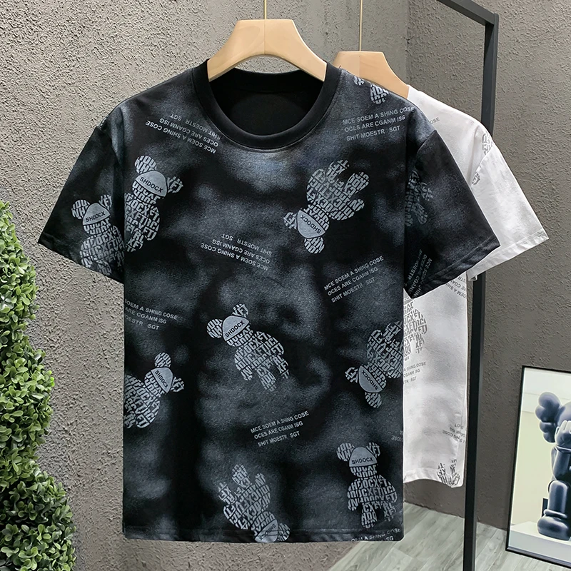 时尚潮牌2024夏季新款小熊印花短袖t恤男圆领半袖青年潮流体恤男