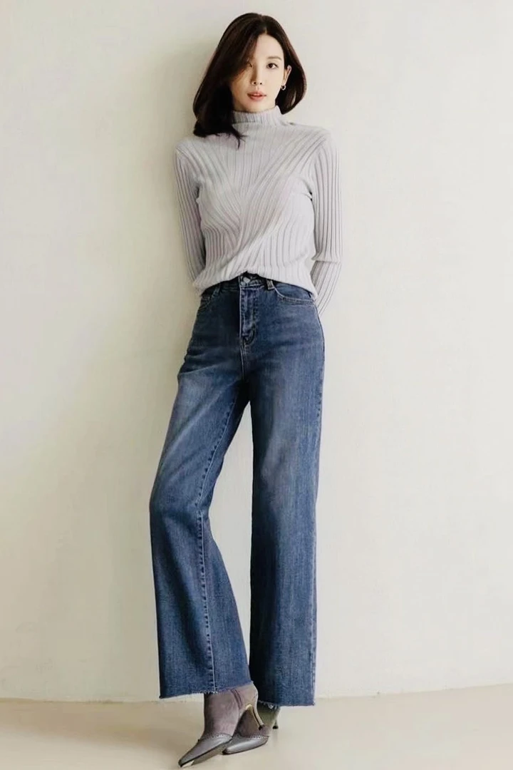 喇叭牛仔裤高腰垂感弹力时尚宽松韩版牛仔裤百搭春秋休闲女士大码